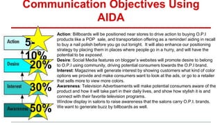 Communication Objectives Using
AIDA
Action: Billboards will be positioned near stores to drive action to buying O.P.I
products like a POP sale, and transportation offering as a reminder/ aiding in recall
to buy a nail polish before you go out tonight. It will also enhance our positioning
strategy by placing them in places where people go in a hurry, and will have the
potential to be exposed.
Desire: Social Media features on blogger’s websites will promote desire to belong
to O.P.I using community, driving potential consumers towards the O.P.I brand.
Interest: Magazines will generate interest by showing customers what kind of color
options we provide and make consumers want to look at the ads, or go to a retailer
that sells more to view more colors.
Awareness: Television Advertisements will make potential consumers aware of the
product and how it will take part in their daily lives, and show how stylish it is and
connect with their favorite television programs.
Window display in salons to raise awareness that the salons carry O.P.I. brands.
We want to generate buzz by billboards as well.
5-
10%
20%
30%
50%
 