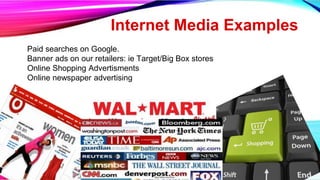 Internet Media Examples
Paid searches on Google.
Banner ads on our retailers: ie Target/Big Box stores
Online Shopping Advertisments
Online newspaper advertising
 