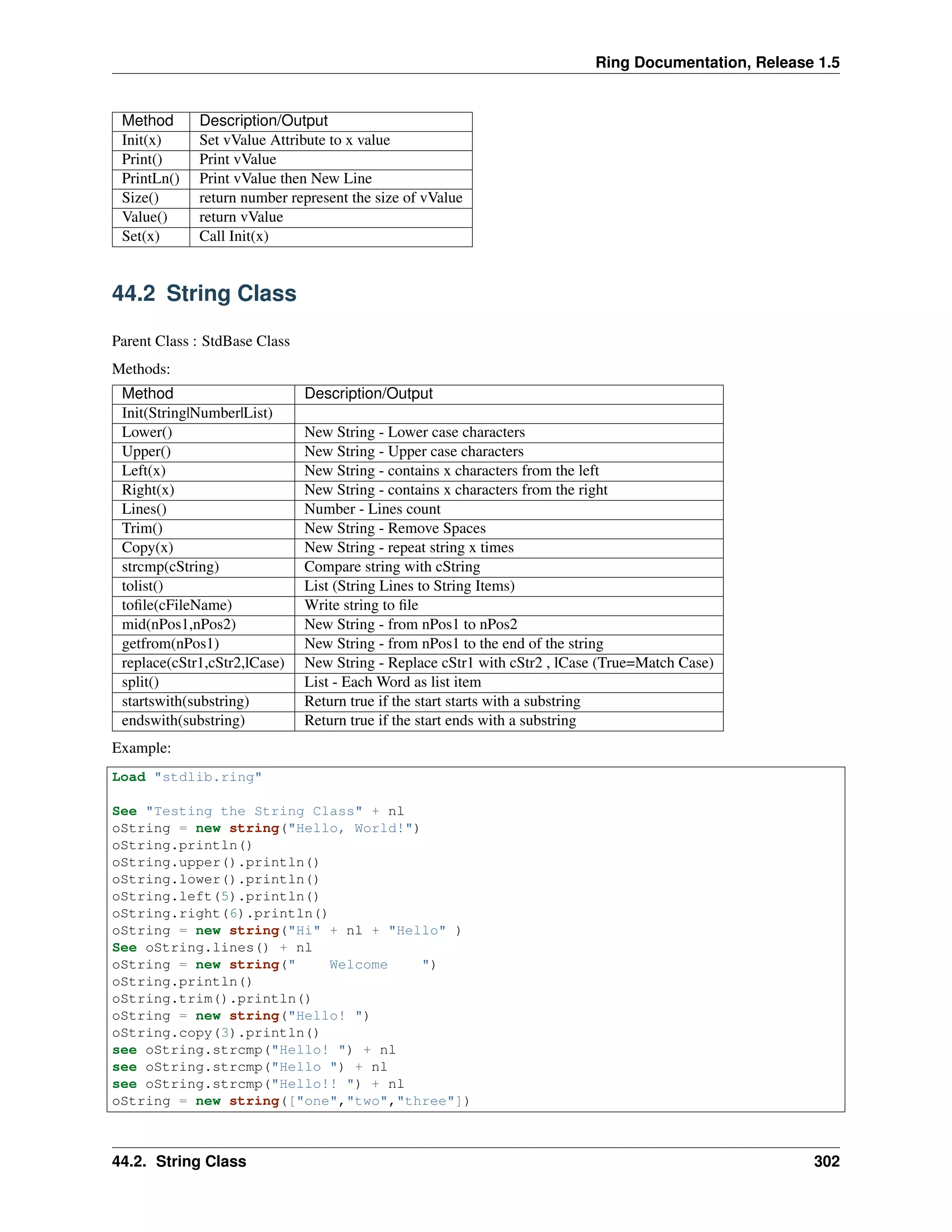 Ring Documentation, Release 1.5
Method Description/Output
Init(x) Set vValue Attribute to x value
Print() Print vValue
PrintLn() Print vValue then New Line
Size() return number represent the size of vValue
Value() return vValue
Set(x) Call Init(x)
44.2 String Class
Parent Class : StdBase Class
Methods:
Method Description/Output
Init(String|Number|List)
Lower() New String - Lower case characters
Upper() New String - Upper case characters
Left(x) New String - contains x characters from the left
Right(x) New String - contains x characters from the right
Lines() Number - Lines count
Trim() New String - Remove Spaces
Copy(x) New String - repeat string x times
strcmp(cString) Compare string with cString
tolist() List (String Lines to String Items)
toﬁle(cFileName) Write string to ﬁle
mid(nPos1,nPos2) New String - from nPos1 to nPos2
getfrom(nPos1) New String - from nPos1 to the end of the string
replace(cStr1,cStr2,lCase) New String - Replace cStr1 with cStr2 , lCase (True=Match Case)
split() List - Each Word as list item
startswith(substring) Return true if the start starts with a substring
endswith(substring) Return true if the start ends with a substring
Example:
Load "stdlib.ring"
See "Testing the String Class" + nl
oString = new string("Hello, World!")
oString.println()
oString.upper().println()
oString.lower().println()
oString.left(5).println()
oString.right(6).println()
oString = new string("Hi" + nl + "Hello" )
See oString.lines() + nl
oString = new string(" Welcome ")
oString.println()
oString.trim().println()
oString = new string("Hello! ")
oString.copy(3).println()
see oString.strcmp("Hello! ") + nl
see oString.strcmp("Hello ") + nl
see oString.strcmp("Hello!! ") + nl
oString = new string(["one","two","three"])
44.2. String Class 302
 