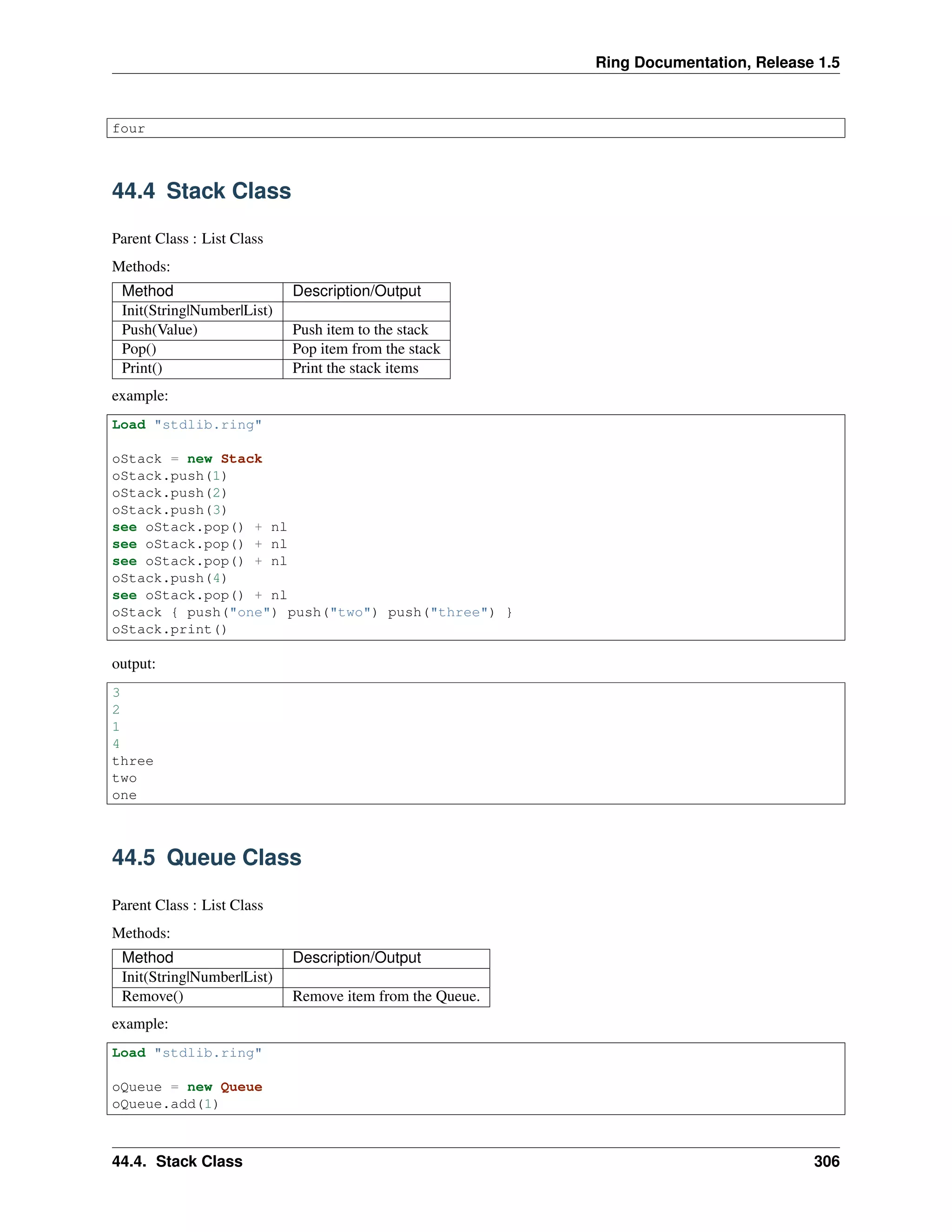 Ring Documentation, Release 1.5
four
44.4 Stack Class
Parent Class : List Class
Methods:
Method Description/Output
Init(String|Number|List)
Push(Value) Push item to the stack
Pop() Pop item from the stack
Print() Print the stack items
example:
Load "stdlib.ring"
oStack = new Stack
oStack.push(1)
oStack.push(2)
oStack.push(3)
see oStack.pop() + nl
see oStack.pop() + nl
see oStack.pop() + nl
oStack.push(4)
see oStack.pop() + nl
oStack { push("one") push("two") push("three") }
oStack.print()
output:
3
2
1
4
three
two
one
44.5 Queue Class
Parent Class : List Class
Methods:
Method Description/Output
Init(String|Number|List)
Remove() Remove item from the Queue.
example:
Load "stdlib.ring"
oQueue = new Queue
oQueue.add(1)
44.4. Stack Class 306
 