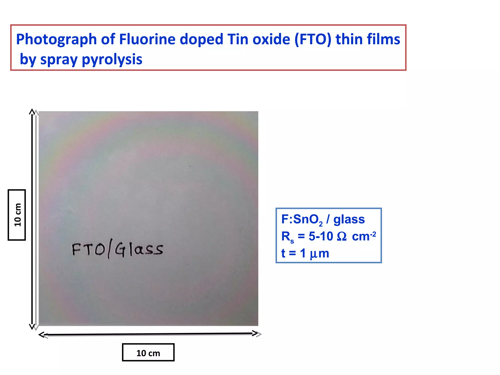 10 cm

Photograph of Fluorine doped Tin oxide (FTO) thin films
by spray pyrolysis

F:SnO2 / glass
Rs = 5-10 Ω cm-2
t = 1 µm

10 cm

 