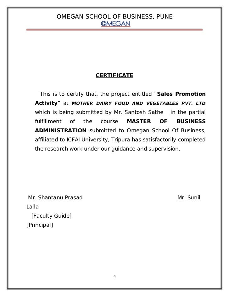 certificate for project work