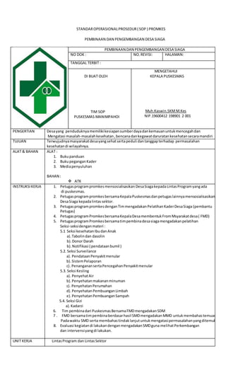STANDAROPERASIONALPROSEDUR( SOP ) PROMKES
PEMBINAAN DAN PENGEMBANGAN DESA SIAGA
PEMBINAAN DAN PENGEMBANGAN DESA SIAGA
NO DOK : NO.REVISI: HALAMAN:
TANGGAL TERBIT :
DI BUAT OLEH
TIM SOP
PUSKESMAS MANIMPAHOI
MENGETAHUI
KEPALA PUSKESMAS
Muh.Kaswin.SKM.M.Kes
NIP.19600412 198901 2 001
PENGERTIAN Desayang penduduknyamemilikikesiapansumberdayadankemauanuntukmencegahdan
Mengatasi masalah-masalahkesehatan,bencanadankegawatdaruratankesehatansecaramandiri
TUJUAN Terwujudnyamasyarakatdesayangsehatsertapeduli dantanggapterhadap permasalahan
kesehatandi wilayahnya.
ALAT & BAHAN ALAT :
1. Bukupanduan
2. BukupeganganKader
3. Mediapenyuluhan
BAHAN :
 ATK
INSTRUKSIKERJA 1. Petugasprogrampromkesmensosialisasikan DesaSiagakepadaLintasProgramyangada
di puskesmas.
2. PetugasprogrampromkesbersamaKepalaPuskesmasdanpetugaslainnyamensosialisasikan
DesaSiaga kepadalintassektor.
3. PetugasprogrampromkesdenganTimmengadakanPelatihanKaderDesaSiaga (pembantu
Petugas)
4. PetugasprogramPromkesbersamaKepalaDesamembentukFromMsyarakatdesa( FMD)
5. PetugasprogramPromkesbersamatimpembinadesasiagamengadakanpelatihan
Seksi-seksidenganmateri :
5.1 Seksi kesehatanIbudanAnak
a).Tabolindan dasolin
b).Donor Darah
b).Notifikasi ( pendataanbumil )
5.2. Seksi Surveilance
a). PendataanPenyakitmenular
b).SistemPelaporan
c). PenanganansertaPencegahanPenyakitmenular
5.3. Seksi Kesling
a). PenyehatAir
b).Penyehatanmakananminuman
c). PenyehatanPerumahan
d).PenyehatanPembuanganLimbah
e).PenyehatanPembuanganSampah
5.4. Seksi Gizi
a).Kadarzi
6. Tim pembinadari PuskesmasBersamaFMDmengadakanSDM
7 . FMD bersamatimpembinaberdasarhasil SMDmengadakanMMD untukmembahastemuan
Padawaktu SMD serta membahastindaklanjutuntukmengatasipermasalahanyangditemukan
8. Evaluasi kegiatandi lakukandenganmengadakanSMDguna melihatPerkembangan
dan intervensiyangdi lakukan.
UNIT KERJA LintasProgram dan LintasSektor
 