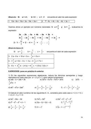 Ahora tú: Si            a = -2 ;    b=4 ;   c = -1     encuentra el valor de cada expresión

1. 12a - 8a + 10a + 3a - 18a + 5a =            2. 7ª - 8c + 4b + 6c - 4b + 3a =

                                                                   2                1
Veamos ahora un ejemplo con números racionales: Si a =                  y   b =       , evaluemos la
                                                                   3                2
expresión:

                  3a  - 2b - 5a + 4b - 6a + 3b =
                    2       1     2        1      2     1
                3       - 2   - 5    + 4     - 6    + 3             =
                    3       2     3        2      3     2
                  10                     17      5
           2- 1 -     + 2 - 4 +     =          2
                   3                     6       6

Ahora te toca a ti:
               1              1       2
     Si a =         ;          b=; c=         encuentra el valor de cada expresión
               2             4        3
                            2
3. 2 a - 8 a + 10 a + 3 a -   a +5a=
                            3
      2                         1
4. -1 a + 5 b - 3 c + 2 a - 4 c + 7 b =
      3                         2
            4                1
5. -5 c + 3 b - (-4 a) + 4 c + (-5 b) - 0,6 c =
            5                2

EJERCICIOS: pone en práctica lo anterior

1) En las siguientes expresiones algebraicas, reduce los términos semejantes y luego
reemplaza en cada caso por a = -2 y b = 7, para valorar la expresión.
a) 3ab – b + 2ab + 3b                 b) 3a2b – 8 a2b – 7a2b + 3a2b          c) 2a2b –
 3 2
   a b–1
 2
                                  3     4    5     7                     2   1 2 1
d) ab2 – b2a + 3ab2            e) a       b    a     b            f) b 2   b   b    b
                                  2     5    4    10                     7   5   14

2) Calcula el valor numérico de las siguientes E. A., considera para cada caso a = 2; b = 5; c
= -3; d = -1 y f = 0

a) 5a2 – 2bc – 3d                     b) 7a2c – 8d3              c) 2a2 – b3 – c3 – d5
                                                                           c d a b
d) d4 – d3 – d2 + d – 1               e) 3(a – b) + 2(c – d)            f)
                                                                             2      7
     3      2     1      7                     a                             ( 2 a 3d ) f
g)     a      c     b      f          h) b c                     i) a b c
     4      5     2      8



                                                                                                 30
 