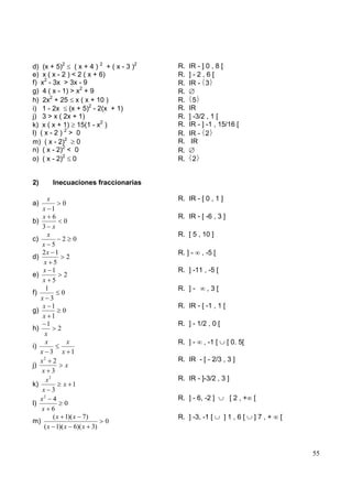 d) (x + 5)2 ( x + 4 ) 2 + ( x - 3 )2   R.   IR - ] 0 , 8 [
e) x ( x - 2 ) < 2 ( x + 6)            R.   ]-2,6[
f) x2 - 3x > 3x - 9                    R.   IR - 3
g) 4 ( x - 1) > x2 + 9                 R.
h) 2x2 + 25 x ( x + 10 )               R.     5
i) 1 - 2x (x + 5)2 - 2(x + 1)          R.   IR
j) 3 > x ( 2x + 1)                     R.   ] -3/2 , 1 [
k) x ( x + 1) 15(1 - x2 )              R.   IR - ] -1 , 15/16 [
l) ( x - 2 ) 2 > 0                     R.   IR - 2
m) ( x - 2)2 0                         R.    IR
n) ( x - 2)2 < 0                       R.
o) ( x - 2)2 0                         R.    2


2)       Inecuaciones fraccionarias

     x                                 R. IR - [ 0 , 1 ]
a)         0
    x 1
    x 6                                R. IR - [ -6 , 3 ]
b)             0
    3 x
       x                               R. [ 5 , 10 ]
c)            2 0
    x 5
    2x 1                               R. ] -    , -5 [
d)              2
     x 5
    x 1                                R. ] -11 , -5 [
e)             2
    x 5
     1                                 R. ] -      ,3[
f)            0
   x 3
    x 1                                R. IR - [ -1 , 1 [
g)            0
    x 1
       1                               R. ] - 1/2 , 0 [
h)          2
     x
     x          x                      R. ] -     , -1 [     [ 0. 5[
i)
   x 3 x 1
   x2 2                                R. IR - [ - 2/3 , 3 ]
j)              x
    x 3
      x2                               R. IR - ]-3/2 , 3 ]
k)             x 1
    x 3
   x2 4                                R. ] - 6, -2 ]         [2,+ [
l)             0
   x 6
         ( x 1)( x 7)                  R. ] -3, -1 [         ]1,6[     ]7,+   [
m)                        0
     ( x 1)( x 6)( x 3)


                                                                                  55
 