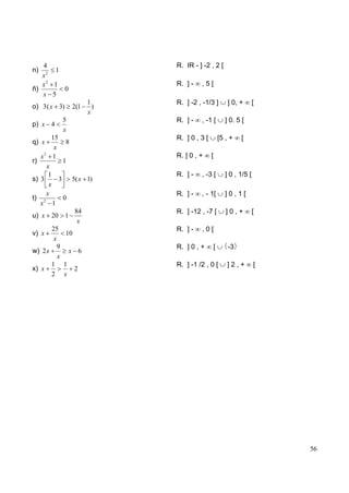 4                           R. IR - ] -2 , 2 [
n)    1
   x2
   x2 1                        R. ] -   ,5[
ñ)      0
   x 5
                         1     R. ] -2 , -1/3 ]          ] 0, +       [
o) 3 ( x 3)        2(1     )
                         x
               5               R. ] -   , -1 [          ] 0. 5 [
p) x 4
               x
          15                   R. ] 0 , 3 [           [5 , +   [
q) x           8
           x
     x2   1                    R. ] 0 , +     [
r)             1
     x
      1                        R. ] -   , -3 [          ] 0 , 1/5 [
s) 3        3 5( x 1)
      x
     x                         R. ] -   , - 1[          ]0,1[
t) 2         0
   x 1
                 84            R. ] -12 , -7 [           ]0,+         [
u) x 20 1
                  x
        25                     R. ] -   ,0[
v) x          10
         x
           9                   R. ] 0 , +         [       -3
w) 2 x         x 6
           x
        1 1                    R. ] -1 /2 , 0 [          ]2,+         [
x) x             2
        2 x




                                                                          56
 