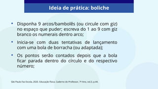 Ideia de prática: boliche
• Disponha 9 arcos/bambolês (ou circule com giz)
no espaço que puder; escreva do 1 ao 9 com giz
branco os numerais dentro arco;
• Inicia-se com duas tentativas de lançamento
com uma bola de borracha (ou adaptada);
• Os pontos serão contados depois que a bola
ficar parada dentro do círculo e do respectivo
número;
São Paulo Faz Escola, 2020. Educação física. Caderno do Professor, 7º Ano, vol.3, p.44.
 