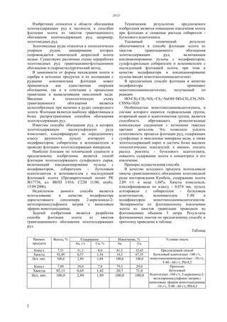 29727
2
Изобретение относится к области обогащения
золотосодержащих руд в частности, к способам
флотации золота из хвостов гравитационного
обогащения золотосодержащих руд, например,
золотомедных руд.
Золотомедные руды относятся к технологически
упорным рудам, цианирование которых
сопровождается химической депрессией золота
медью. Существуют различные схемы переработки
золотомедных руд: гравитационно-флотационное
обогащение и гидрометаллургический метод.
В зависимости от формы нахождения золота и
серебра в исходных продуктах и их ассоциации с
рудными компонентами флотация может
применяться как единственная операция
обогащения, так и в сочетании с процессами
гравитации и выщелачивания окисленной меди.
Введение в технологическую схему
гравитационного обогащения является
целесообразным при наличии в рудах самородного
золота. Флотация является наиболее эффективным и
более распространенным способом обогащения
золотосодержащих руд.
Известны способы обогащения руд, в которых
золотосодержащую малосульфидную руду
измельчают, классифицируют по определенному
классу крупности, пульпу агитируют с
модификатором, собирателем и вспенивателем и
проводят флотацию золотосодержащих минералов.
Наиболее близким по технической сущности к
предлагаемому изобретению является способ
флотации золотосодержащего сульфидного сырья,
включающий кондиционирование пульпы с
модификатором, собирателем - бутиловым
ксантогенатом и вспенивателем с последующей
флотацией золота (Предварительный патент РК
№17736, кл. В03D 1/016. С22В 11/00, опубл.
15.09.2006).
Недостатком данного способа является
использование в качестве модификатора
дорогостоящего сополимера 2-акриламидо-2-
метилпропансульфоната натрия с виниловым
эфиром моноэтаноламина.
Задачей изобретения является разработка
способа флотации золота из хвостов
гравитационнного обогащения золотосодержащих
руд.
Техническим результатом предлагаемого
изобретения является повышение извлечения золота
при флотации и снижение расхода собирателя -
бутилового ксантогената.
Указанный технический результат
обеспечивается в способе флотации золота из
хвостов гравитационного обогащения
золотосодержащих руд, включающем
кондиционирование пульпы с модификатором,
сульфгидрильным собирателем и вспенивателем с
последующей флотацией золота, при этом в
качестве модификатора в кондиционирование
пульпы вводят моноэтаноламинксантогенат.
В предлагаемом способе флотации в качестве
модификатора применяют
моноэтаноламинксантогенат, получаемый по
реакции:
HO-CH2-CH2-NH2+CS2+NaOH=HO-CH2-CH2-NH-
CSSNa+H2O
Особенностью моноэтаноламинксантогената, в
составе которого имеются гидроксильная группа,
вторичный амин и ксантогенатная группа, является
способность образовывать разнолигандные
комплексные соединения с катионами тяжелых
цветных металлов. Это позволило усилить
селективность процесса флотации руд, содержащих
сульфидные и окисленные минералы меди, а также
золотосодержащий пирит и достичь более высоких
технологических показателей, а именно, снизить
расход реагента - бутилового ксантогената,
повысить содержание золота в концентрате и его
извлечение.
Примеры осуществления способа.
В качестве исходного продукта использовали
хвосты гравитационного обогащения золотомедной
руды месторождения Кумбель, содержащие золота
2,89 г/т и меди 1,84%. Хвосты измельчали,
классифицировали по классу - 0,074 мм, пульпу
агитировали с собирателем - бутиловым
ксантогенатом, вспенивателем Т-80 и
модификатором моноэтаноламинксантогенатом.
Эксперименты пл флотационному извлечению
золота из хвостов гравитации проводили во
флотомашинах объемом 3 литра. Результаты
флотационных опытов по предлагаемому способу и
прототипу приведены в таблице.
Таблица
Содержание Извлечение, %Наимен.
продукта
Выход, %
Аu, г/т Сu, % Аu Сu
Условие опыта
Конц-т 7,51 31,3 8,0 81,5 32,65
Хвосты 92,49 0,57 1,34 18,5 67,35
Исх. пит. 100,0 2,89 1,84 100,0 100,0
Предлагаемый способ
Бутиловый ксантогенат -140 г/т,
моноэтаноламинксантогенат - 10 г/т,
Т-80 - 60 г/т, PH-8,5
Конц-т 7,89 29,0 7,0 79,3 29,0
Хвосты 92,11 0,65 1,42 20,7 71,0
Исх. пит. 100,0 2,89 1,89 100,0 100,0
Прототип
Бутиловый
Ксантогенат -160 г/т, 2-акриламид-2-
метилпропансульфонат натрия с
виниловым эфиром моноэтаноламина
-10 г/т, Т-80 - 60 г/т, PH-8,5
 