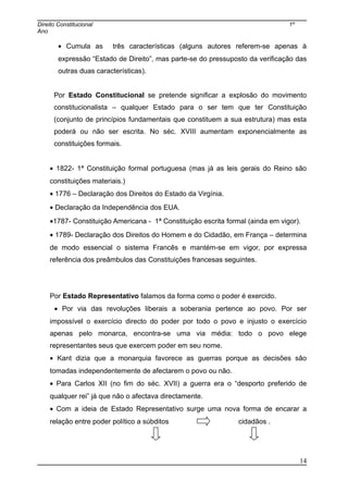 Direito Constitucional 1º
Ano
• Cumula as três características (alguns autores referem-se apenas à
expressão “Estado de Direito”, mas parte-se do pressuposto da verificação das
outras duas características).
Por Estado Constitucional se pretende significar a explosão do movimento
constitucionalista – qualquer Estado para o ser tem que ter Constituição
(conjunto de princípios fundamentais que constituem a sua estrutura) mas esta
poderá ou não ser escrita. No séc. XVIII aumentam exponencialmente as
constituições formais.
• 1822- 1ª Constituição formal portuguesa (mas já as leis gerais do Reino são
constituições materiais.)
• 1776 – Declaração dos Direitos do Estado da Virgínia.
• Declaração da Independência dos EUA.
•1787- Constituição Americana - 1ª Constituição escrita formal (ainda em vigor).
• 1789- Declaração dos Direitos do Homem e do Cidadão, em França – determina
de modo essencial o sistema Francês e mantém-se em vigor, por expressa
referência dos preâmbulos das Constituições francesas seguintes.
Por Estado Representativo falamos da forma como o poder é exercido.
• Por via das revoluções liberais a soberania pertence ao povo. Por ser
impossível o exercício directo do poder por todo o povo e injusto o exercício
apenas pelo monarca, encontra-se uma via média: todo o povo elege
representantes seus que exercem poder em seu nome.
• Kant dizia que a monarquia favorece as guerras porque as decisões são
tomadas independentemente de afectarem o povo ou não.
• Para Carlos XII (no fim do séc. XVII) a guerra era o “desporto preferido de
qualquer rei” já que não o afectava directamente.
• Com a ideia de Estado Representativo surge uma nova forma de encarar a
relação entre poder político a súbditos cidadãos .
14
 