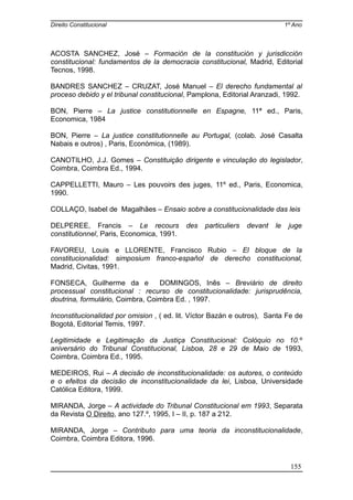 Direito Constitucional 1º Ano
ACOSTA SANCHEZ, José – Formación de la constitución y jurisdicción
constitucional: fundamentos de la democracia constitucional, Madrid, Editorial
Tecnos, 1998.
BANDRES SANCHEZ – CRUZAT, José Manuel – El derecho fundamental al
proceso debido y el tribunal constitucional, Pamplona, Editorial Aranzadi, 1992.
BON, Pierre – La justice constitutionnelle en Espagne, 11ª ed., Paris,
Economica, 1984
BON, Pierre – La justice constitutionnelle au Portugal, (colab. José Casalta
Nabais e outros) , Paris, Económica, (1989).
CANOTILHO, J.J. Gomes – Constituição dirigente e vinculação do legislador,
Coimbra, Coimbra Ed., 1994.
CAPPELLETTI, Mauro – Les pouvoirs des juges, 11º ed., Paris, Economica,
1990.
COLLAÇO, Isabel de Magalhães – Ensaio sobre a constitucionalidade das leis
DELPEREE, Francis – Le recours des particuliers devant le juge
constitutionnel, Paris, Economica, 1991.
FAVOREU, Louis e LLORENTE, Francisco Rubio – El bloque de la
constitucionalidad: simposium franco-español de derecho constitucional,
Madrid, Civitas, 1991.
FONSECA, Guilherme da e DOMINGOS, Inês – Breviário de direito
processual constitucional : recurso de constitucionalidade: jurisprudência,
doutrina, formulário, Coimbra, Coimbra Ed. , 1997.
Inconstitucionalidad por omision , ( ed. lit. Víctor Bazán e outros), Santa Fe de
Bogotá, Editorial Temis, 1997.
Legitimidade e Legitimação da Justiça Constitucional: Colóquio no 10.º
aniversário do Tribunal Constitucional, Lisboa, 28 e 29 de Maio de 1993,
Coimbra, Coimbra Ed., 1995.
MEDEIROS, Rui – A decisão de inconstitucionalidade: os autores, o conteúdo
e o efeitos da decisão de inconstitucionalidade da lei, Lisboa, Universidade
Católica Editora, 1999.
MIRANDA, Jorge – A actividade do Tribunal Constitucional em 1993, Separata
da Revista O Direito, ano 127.º, 1995, I – II, p. 187 a 212.
MIRANDA, Jorge – Contributo para uma teoria da inconstitucionalidade,
Coimbra, Coimbra Editora, 1996.
155
 