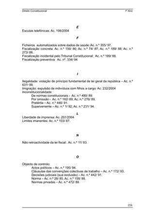 Direito Constitucional 1º Ano
E
Escutas telefónicas: Ac. 198/2004
F
Ficheiros automatizados sobre dados de saúde: Ac. n.º 355/ 97.
Fiscalização concreta: Ac. n.º 150/ 86; Ac. n.º 74/ 87; Ac. n.º 189/ 88; Ac. n.º
273/ 88.
Fiscalização incidental pelo Tribunal Constitucional: Ac. n.º 189/ 88.
Fiscalização preventiva: Ac. nº. 334/ 94
I
Ilegalidade: violação de princípio fundamental de lei geral da república – Ac. n.º
631/ 99.
Imigração: expulsão de indivíduos com filhos a cargo: Ac. 232/2004
Inconstitucionalidade:
De normas constitucionais - Ac. n.º 480/ 89.
Por omissão - Ac. n.º 182/ 89; Ac. n.º 276/ 89.
Pretérita – Ac. n.º 446/ 91.
Superveniente – Ac. n.º 1/ 92; Ac. n.º 231/ 94.
L
Liberdade de imprensa: Ac. 201/2004
Limites imanentes: Ac. n.º 103/ 87.
N
Não retroactividade da lei fiscal: Ac. n.º 11/ 83.
O
Objecto de controlo:
Actos políticos – Ac. n.º 195/ 94.
Cláusulas das convenções colectivas de trabalho – Ac. n.º 172/ 93.
Decisões judiciais (sua exclusão) – Ac. n.º 442/ 91.
Norma – Ac. n.º 26/ 85; Ac. n.º 158/ 88.
Normas privadas – Ac. n.º 472/ 89.
158
 