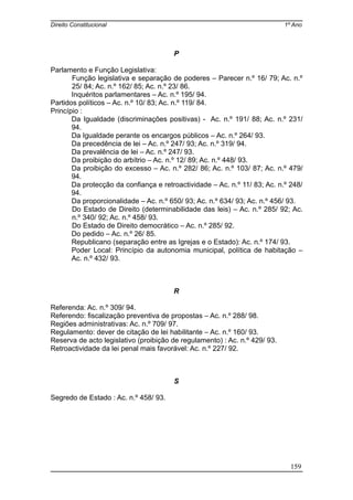 Direito Constitucional 1º Ano
P
Parlamento e Função Legislativa:
Função legislativa e separação de poderes – Parecer n.º 16/ 79; Ac. n.º
25/ 84; Ac. n.º 162/ 85; Ac. n.º 23/ 86.
Inquéritos parlamentares – Ac. n.º 195/ 94.
Partidos políticos – Ac. n.º 10/ 83; Ac. n.º 119/ 84.
Princípio :
Da Igualdade (discriminações positivas) - Ac. n.º 191/ 88; Ac. n.º 231/
94.
Da Igualdade perante os encargos públicos – Ac. n.º 264/ 93.
Da precedência de lei – Ac. n.º 247/ 93; Ac. n.º 319/ 94.
Da prevalência de lei – Ac. n.º 247/ 93.
Da proibição do arbítrio – Ac. n.º 12/ 89; Ac. n.º 448/ 93.
Da proibição do excesso – Ac. n.º 282/ 86; Ac. n.º 103/ 87; Ac. n.º 479/
94.
Da protecção da confiança e retroactividade – Ac. n.º 11/ 83; Ac. n.º 248/
94.
Da proporcionalidade – Ac. n.º 650/ 93; Ac. n.º 634/ 93; Ac. n.º 456/ 93.
Do Estado de Direito (determinabilidade das leis) – Ac. n.º 285/ 92; Ac.
n.º 340/ 92; Ac. n.º 458/ 93.
Do Estado de Direito democrático – Ac. n.º 285/ 92.
Do pedido – Ac. n.º 26/ 85.
Republicano (separação entre as Igrejas e o Estado): Ac. n.º 174/ 93.
Poder Local: Princípio da autonomia municipal, política de habitação –
Ac. n.º 432/ 93.
R
Referenda: Ac. n.º 309/ 94.
Referendo: fiscalização preventiva de propostas – Ac. n.º 288/ 98.
Regiões administrativas: Ac. n.º 709/ 97.
Regulamento: dever de citação de lei habilitante – Ac. n.º 160/ 93.
Reserva de acto legislativo (proibição de regulamento) : Ac. n.º 429/ 93.
Retroactividade da lei penal mais favorável: Ac. n.º 227/ 92.
S
Segredo de Estado : Ac. n.º 458/ 93.
159
 