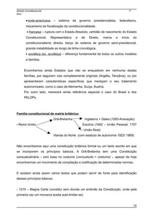Direito Constitucional 1º
Ano
•norte-americana – sistema de governo presidencialista, federalismo,
mecanismo de fiscalização da constitucionalidade.
• francesa – ruptura com o Estado Absoluto, certidão de nascimento do Estado
Constitucional, Representativo e de Direito, marca o início do
constitucionalismo directo, berço do sistema de governo semi-presidencial,
grande instabilidade ao longo da linha cronológica.
• soviética (ex. soviética) – diferença fundamental de todos os outros modelos
e famílias.
Encontramos ainda Estados que não se enquadram em nenhuma destas
famílias, por seguirem vias completamente originais (Argélia, Tanzânia), ou por
apresentarem características específicas que mereçam o seu tratamento
autonomizado, como o caso da Alemanha, Suíça, Áustria.
Por outro lado, merecerá ainda referência especial o caso do Brasil e dos
PALOPs.
Família constitucional de matriz britânica:
Grã-Bretanha Inglaterra + Gales (1283-Anexação)
- Reino Unido Escócia (1602 – União Pessoal, 1707
– União Real)
Irlanda do Norte (com estatuto de autonomia 1922/ 1969)
Não encontramos aqui uma constituição britânica formal ou um texto escrito em que
se incorporem os princípios básicos. A Grã-Bretanha tem uma Constituição
consuetudinária – com base no costume (consuetudo = costume) -, apesar de hoje
encontrarmos um movimento de compilação e codificação de determinadas normas.
E existem ainda assim vários textos que podem servir de fonte para identificação
desses princípios básicos:
- 1215 – Magna Carta (constitui sem dúvida um embrião da Constituição, onde pela
primeira vez um monarca aceita auto-limitar-se).
28
 