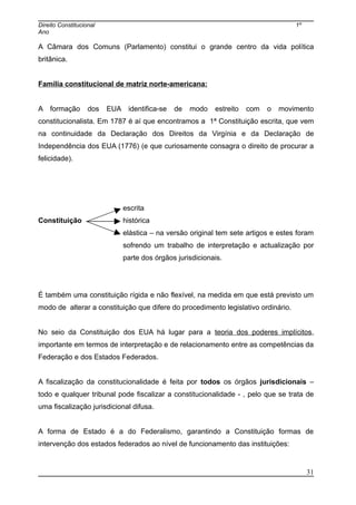 Direito Constitucional 1º
Ano
A Câmara dos Comuns (Parlamento) constitui o grande centro da vida política
britânica.
Família constitucional de matriz norte-americana:
A formação dos EUA identifica-se de modo estreito com o movimento
constitucionalista. Em 1787 é aí que encontramos a 1ª Constituição escrita, que vem
na continuidade da Declaração dos Direitos da Virgínia e da Declaração de
Independência dos EUA (1776) (e que curiosamente consagra o direito de procurar a
felicidade).
escrita
Constituição histórica
elástica – na versão original tem sete artigos e estes foram
sofrendo um trabalho de interpretação e actualização por
parte dos órgãos jurisdicionais.
É também uma constituição rígida e não flexível, na medida em que está previsto um
modo de alterar a constituição que difere do procedimento legislativo ordinário.
No seio da Constituição dos EUA há lugar para a teoria dos poderes implícitos,
importante em termos de interpretação e de relacionamento entre as competências da
Federação e dos Estados Federados.
A fiscalização da constitucionalidade é feita por todos os órgãos jurisdicionais –
todo e qualquer tribunal pode fiscalizar a constitucionalidade - , pelo que se trata de
uma fiscalização jurisdicional difusa.
A forma de Estado é a do Federalismo, garantindo a Constituição formas de
intervenção dos estados federados ao nível de funcionamento das instituições:
31
 