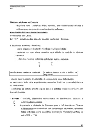 Direito Constitucional 1º
Ano
Sistemas similares ao Francês:
• Espanha, Itália – partem da matriz francesa, têm características similares e
verificam-se os aspectos importantes do sistema francês.
Família constitucional de matriz soviética
Corresponde à ex-URSS.
Em 1917 – a revolução traz ao poder o partido bolchevista – leninista.
A doutrina do marxismo – leninismo:
- visava a igualdade total entre membros de uma sociedade.
- pauta-se por uma atitude negativa, uma atitude de rejeição do sistema
capitalista.
- dialéctica marxista opõe infra- estrutura e supra – estrutura.
- evolução dos modos de produção - todo o sistema social e jurídico de
regulação.
- visa-se fazer florescer o proletariado e o operariado no lugar da burguesia.
- o exercício do poder cabe ao proletariado, ou melhor, é feito em nome dele (ditadura
do proletariado).
- a influência do sistema arrasta-se para países e Estados pouco desenvolvidos em
termos industriais.
- Soviete – conselho, assembleia representativa de determinados cidadãos e
determinados interesses.
Importância e influência de Rousseau para a definição de um Sistema
Convencional / de Convenção, com concentração de poderes, que estão
todos atribuídos a uma assembleia (no Sistema Francês tal verificou-se
entre 1792 – 1795)
40
 