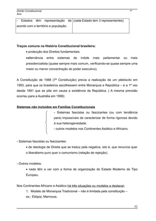 Direito Constitucional 1º
Ano
- Estados têm representação de
acordo com o território e população.
(cada Estado tem 3 representantes)
Traços comuns na História Constitucional brasileira:
• protecção dos Direitos fundamentais.
•alternância entre sistemas de índole mais parlamentar ou mais
presidencialista (quase sempre mais comum, verificando-se quase sempre uma
maior ou menor concentração do poder executivo).
A Constituição de 1988 (7ª Constituição) previa a realização de um plebiscito em
1993, para que os brasileiros escolhessem entre Monarquia e República – é a 1ª vez
desde 1891 que se põe em causa a existência da República. ( A mesma previsão
ocorreu para a Austrália em 1999)
Sistemas não incluídos em Famílias Constitucionais
- Sistemas fascistas ou fascizantes (ou com tendência
para) impossíveis de caracterizar de forma rigorosa devido
à sua heterogeneidade.
- outros modelos nos Continentes Asiático e Africano.
- Sistemas fascistas ou fascizantes:
• de ideologia de Direita que se traduz pela negativa, isto é, que renuncia quer
o liberalismo puro quer o comunismo (relação de rejeição).
- Outros modelos:
• nada têm a ver com a forma de organização do Estado Moderno de Tipo
Europeu.
Nos Continentes Africano e Asiático há três situações ou modelos a destacar:
1. Modelo de Monarquia Tradicional – não é limitada pela constituição –
ex.: Etiópia, Marrocos.
52
 