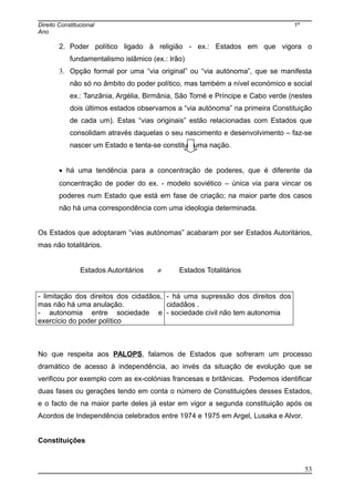 Direito Constitucional 1º
Ano
2. Poder político ligado à religião - ex.: Estados em que vigora o
fundamentalismo islâmico (ex.: Irão)
3. Opção formal por uma “via original” ou “via autónoma”, que se manifesta
não só no âmbito do poder político, mas também a nível económico e social
ex.: Tanzânia, Argélia, Birmânia, São Tomé e Príncipe e Cabo verde (nestes
dois últimos estados observamos a “via autónoma” na primeira Constituição
de cada um). Estas “vias originais” estão relacionadas com Estados que
consolidam através daquelas o seu nascimento e desenvolvimento – faz-se
nascer um Estado e tenta-se constituir uma nação.
• há uma tendência para a concentração de poderes, que é diferente da
concentração de poder do ex. - modelo soviético – única via para vincar os
poderes num Estado que está em fase de criação; na maior parte dos casos
não há uma correspondência com uma ideologia determinada.
Os Estados que adoptaram “vias autónomas” acabaram por ser Estados Autoritários,
mas não totalitários.
Estados Autoritários ≠ Estados Totalitários
- limitação dos direitos dos cidadãos,
mas não há uma anulação.
- autonomia entre sociedade e
exercício do poder político
- há uma supressão dos direitos dos
cidadãos .
- sociedade civil não tem autonomia
No que respeita aos PALOPS, falamos de Estados que sofreram um processo
dramático de acesso à independência, ao invés da situação de evolução que se
verificou por exemplo com as ex-colónias francesas e britânicas. Podemos identificar
duas fases ou gerações tendo em conta o número de Constituições desses Estados,
e o facto de na maior parte deles já estar em vigor a segunda constituição após os
Acordos de Independência celebrados entre 1974 e 1975 em Argel, Lusaka e Alvor.
Constituições
53
 