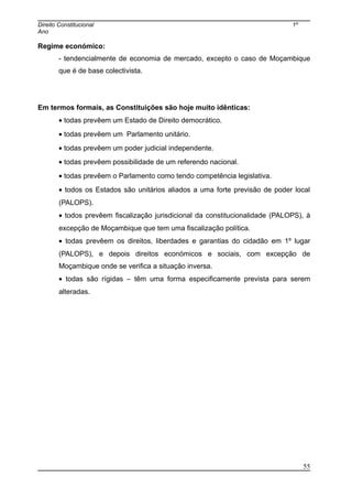 Direito Constitucional 1º
Ano
Regime económico:
- tendencialmente de economia de mercado, excepto o caso de Moçambique
que é de base colectivista.
Em termos formais, as Constituições são hoje muito idênticas:
• todas prevêem um Estado de Direito democrático.
• todas prevêem um Parlamento unitário.
• todas prevêem um poder judicial independente.
• todas prevêem possibilidade de um referendo nacional.
• todas prevêem o Parlamento como tendo competência legislativa.
• todos os Estados são unitários aliados a uma forte previsão de poder local
(PALOPS).
• todos prevêem fiscalização jurisdicional da constitucionalidade (PALOPS), à
excepção de Moçambique que tem uma fiscalização política.
• todas prevêem os direitos, liberdades e garantias do cidadão em 1º lugar
(PALOPS), e depois direitos económicos e sociais, com excepção de
Moçambique onde se verifica a situação inversa.
• todas são rígidas – têm uma forma especificamente prevista para serem
alteradas.
55
 