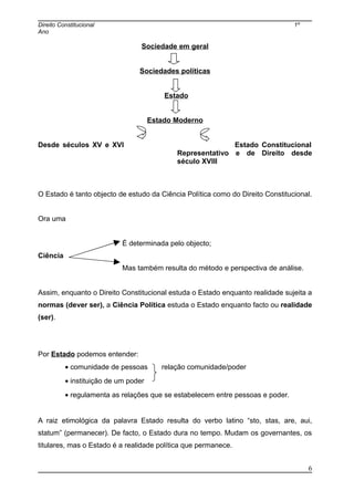 Direito Constitucional 1º
Ano
Sociedade em geral
Sociedades políticas
Estado
Estado Moderno
Desde séculos XV e XVI Estado Constitucional
Representativo e de Direito desde
século XVIII
O Estado é tanto objecto de estudo da Ciência Política como do Direito Constitucional.
Ora uma
É determinada pelo objecto;
Ciência
Mas também resulta do método e perspectiva de análise.
Assim, enquanto o Direito Constitucional estuda o Estado enquanto realidade sujeita a
normas (dever ser), a Ciência Política estuda o Estado enquanto facto ou realidade
(ser).
Por Estado podemos entender:
• comunidade de pessoas relação comunidade/poder
• instituição de um poder
• regulamenta as relações que se estabelecem entre pessoas e poder.
A raiz etimológica da palavra Estado resulta do verbo latino “sto, stas, are, aui,
statum” (permanecer). De facto, o Estado dura no tempo. Mudam os governantes, os
titulares, mas o Estado é a realidade política que permanece.
6
 