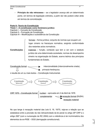 Direito Constitucional 1º
Ano
- Princípio do não retrocesso – se o legislador avança até um determinado
ponto, em termos de legislação ordinária, a partir daí não poderá voltar atrás
em termos de concretização.
Parte II– Teoria da Constituição
Título I – A constituição como fenómeno jurídico
Capítulo I – Conceito de Constituição
Capítulo II – Formação da Constituição
Capítulo III – Modificações e subsistência da Constituição
formais – forma jurídica; conjunto de normas que ocupam um
lugar cimeiro na hierarquia normativa, exigindo conformidade
dos restantes actos normativos.
Constituições materiais – função, conteúdo que tem a ver com o estatuto
jurídico de uma determinada sociedade; normas de desempenho
cimeiro na organização do Estado, acervo teórico dos princípios
fundamentais do Estado.
Constituição formal intencionalidade (intencionalmente criada).
primazia hierárquica.
• resulta de um ou mais textos – Constituição Instrumental.
CRP 1976 – Constituição formal nuclear – aprovada em 2 de Abril de 1976
complementar recepção formal (DUDH)
recepção material
No que tange à recepção material das Leis 8, 16, 18/75, veja-se a relação que se
estabelece entre a previsão da não retroactividade da lei penal no artigo 29º CRP e o
artigo 292º (com a numeração da RC 2004) com a referência à lei incriminatória dos
elementos da ex-PIDE – DGS (derrogação constitucional).
78
Constituição
Material
Constituição
formal
Constituição
Instrumental
 
