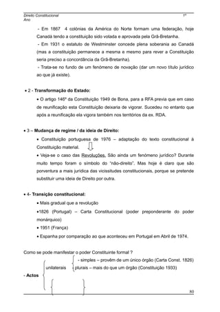 Direito Constitucional 1º
Ano
- Em 1867 4 colónias da América do Norte formam uma federação, hoje
Canadá tendo a constituição sido votada e aprovada pela Grã-Bretanha.
- Em 1931 o estatuto de Westminster concede plena soberania ao Canadá
(mas a constituição permanece a mesma e mesmo para rever a Constituição
seria preciso a concordância da Grã-Bretanha).
- Trata-se no fundo de um fenómeno de novação (dar um novo título jurídico
ao que já existe).
• 2 - Transformação do Estado:
• O artigo 146º da Constituição 1949 de Bona, para a RFA previa que em caso
de reunificação esta Constituição deixaria de vigorar. Sucedeu no entanto que
após a reunificação ela vigora também nos territórios da ex. RDA.
• 3 – Mudança de regime / da ideia de Direito:
• Constituição portuguesa de 1976 – adaptação do texto constitucional à
Constituição material.
• Veja-se o caso das Revoluções. São ainda um fenómeno jurídico? Durante
muito tempo foram o símbolo do “não-direito”. Mas hoje é claro que são
porventura a mais jurídica das vicissitudes constitucionais, porque se pretende
substituir uma ideia de Direito por outra.
• 4- Transição constitucional:
• Mais gradual que a revolução
•1826 (Portugal) – Carta Constitucional (poder preponderante do poder
monárquico)
• 1951 (França)
• Espanha por comparação ao que aconteceu em Portugal em Abril de 1974.
Como se pode manifestar o poder Constituinte formal ?
- simples – provêm de um único órgão (Carta Const. 1826)
unilaterais - plurais – mais do que um órgão (Constituição 1933)
- Actos
80
 