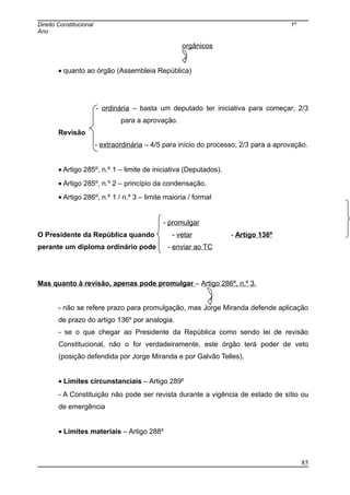 Direito Constitucional 1º
Ano
orgânicos
• quanto ao órgão (Assembleia República)
- ordinária – basta um deputado ter iniciativa para começar; 2/3
para a aprovação.
Revisão
- extraordinária – 4/5 para início do processo; 2/3 para a aprovação.
• Artigo 285º, n.º 1 – limite de iniciativa (Deputados).
• Artigo 285º, n.º 2 – princípio da condensação.
• Artigo 286º, n.º 1 / n.º 3 – limite maioria / formal
- promulgar
O Presidente da República quando - vetar - Artigo 136º
perante um diploma ordinário pode - enviar ao TC
Mas quanto à revisão, apenas pode promulgar – Artigo 286º, n.º 3.
- não se refere prazo para promulgação, mas Jorge Miranda defende aplicação
de prazo do artigo 136º por analogia.
- se o que chegar ao Presidente da República como sendo lei de revisão
Constitucional, não o for verdadeiramente, este órgão terá poder de veto
(posição defendida por Jorge Miranda e por Galvão Telles).
• Limites circunstanciais – Artigo 289º
- A Constituição não pode ser revista durante a vigência de estado de sítio ou
de emergência
• Limites materiais – Artigo 288º
85
 