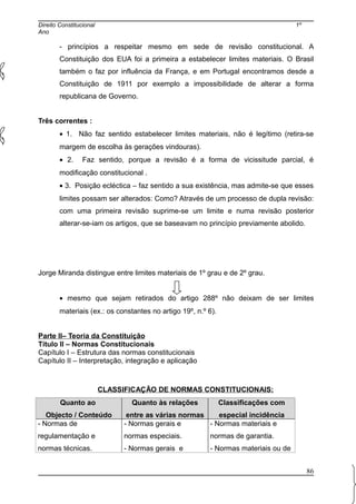 Direito Constitucional 1º
Ano
- princípios a respeitar mesmo em sede de revisão constitucional. A
Constituição dos EUA foi a primeira a estabelecer limites materiais. O Brasil
também o faz por influência da França, e em Portugal encontramos desde a
Constituição de 1911 por exemplo a impossibilidade de alterar a forma
republicana de Governo.
Três correntes :
• 1. Não faz sentido estabelecer limites materiais, não é legítimo (retira-se
margem de escolha às gerações vindouras).
• 2. Faz sentido, porque a revisão é a forma de vicissitude parcial, é
modificação constitucional .
• 3. Posição ecléctica – faz sentido a sua existência, mas admite-se que esses
limites possam ser alterados: Como? Através de um processo de dupla revisão:
com uma primeira revisão suprime-se um limite e numa revisão posterior
alterar-se-iam os artigos, que se baseavam no princípio previamente abolido.
Jorge Miranda distingue entre limites materiais de 1º grau e de 2º grau.
• mesmo que sejam retirados do artigo 288º não deixam de ser limites
materiais (ex.: os constantes no artigo 19º, n.º 6).
Parte II– Teoria da Constituição
Título II – Normas Constitucionais
Capítulo I – Estrutura das normas constitucionais
Capítulo II – Interpretação, integração e aplicação
CLASSIFICAÇÃO DE NORMAS CONSTITUCIONAIS:
Quanto ao
Objecto / Conteúdo
Quanto às relações
entre as várias normas
Classificações com
especial incidência
- Normas de
regulamentação e
normas técnicas.
- Normas gerais e
normas especiais.
- Normas gerais e
- Normas materiais e
normas de garantia.
- Normas materiais ou de
86
 