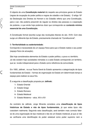 Direito Constitucional 1º
Ano
O objecto de uma Constituição material diz respeito aos princípios gerais do Estado
(regras de ocupação do poder político e regras de cidadão e de Estado). O artigo 16º
da Declaração dos Direitos do Homem e do Cidadão referia que uma Constituição,
para o ser, não poderia prescindir de regular os direitos das pessoas e a separação
de poderes, o que ainda hoje podemos dizer que corresponde ao conteúdo mínimo
essencial de uma Constituição.
A Constituição formal (escrita) surge das revoluções liberais do séc. XVIII. Com elas
surge um diferente tipo de Estado, precisamente chamado de “Constitucional”.
5- Territorialidade ou sedentariedade:
Correspnde à necessidade de um espaço físico para que o Estado realize o seu poder
(espaço físico de actuação).
São hoje considerados elementos do Estado o poder político, o povo e o território.
Já não existem hoje sociedades nómadas e a cada Estado corresponde um território,
que se revela indispensável para o Estado como referência da comunidade.
Em 1900, Jellinek , na sua Teoria Geral do Estado apresenta a categorização de tipos
fundamentais de Estado – formas de organização do Estado em determinado tempo e
espaço para realizar os seus fins.
É a seguinte a classificação proposta por Jellinek:
1- Estado Oriental
2- Estado Grego
3- Estado Romano
4- Estado Medieval
5- Estado Moderno – sécs. XIV e XV
Ao contrário de Jellinek, Jorge Miranda considera uma classificação de tipos
históricos de Estado e não de tipos fundamentais, já que estes tipos não
coexistem realmente. Seguindo esta classificação, será também mais correcto falar-
se de uma organização de tipo medieval e não de um Estado medieval, já que aí não
se verificaria uma identificação do poder estadual como poder supremo nem a
9
 