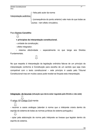 Direito Constitucional 1º
Ano
- feita pelo autor da norma
Interpretação autêntica
- (consequência do ponto anterior) vale mais do que todas as
outras – tem efeito vinculativo.
Para Gomes Canotilho
• princípios da interpretação constitucional.
- unidade da constituição;
- efeito integrador;
- máxima efectividade – especialmente no que tange aos Direitos
Fundamentais.
No que respeita à interpretação da legislação ordinária fala-se de um princípio da
interpretação conforme à Constituição para escolha de um sentido que seja mais
compatível com o texto constitucional – este princípio é usado pelo Tribunal
Constitucional mas em muitos casos pode revelar-se forçada esta interpretação.
Integração de lacunas (situação que devia estar regulada pelo Direito e não está)
O artigo 10º Código Civil manda
- recorrer a casos análogos (atender à norma que o intérprete criaria dentro do
espírito do sistema de todas as normas jurídicas do sistema português.)
- optar pela elaboração de norma pelo intérprete se tivesse que legislar dentro do
espírito do sistema.
90
 