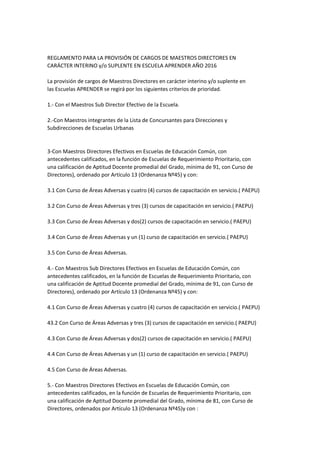 REGLAMENTO PARA LA PROVISIÓN DE CARGOS DE MAESTROS DIRECTORES EN
CARÁCTER INTERINO y/o SUPLENTE EN ESCUELA APRENDER AÑO 2016
La provisión de cargos de Maestros Directores en carácter interino y/o suplente en
las Escuelas APRENDER se regirá por los siguientes criterios de prioridad.
1.- Con el Maestros Sub Director Efectivo de la Escuela.
2.-Con Maestros integrantes de la Lista de Concursantes para Direcciones y
Subdirecciones de Escuelas Urbanas
3-Con Maestros Directores Efectivos en Escuelas de Educación Común, con
antecedentes calificados, en la función de Escuelas de Requerimiento Prioritario, con
una calificación de Aptitud Docente promedial del Grado, mínima de 91, con Curso de
Directores), ordenado por Artículo 13 (Ordenanza Nº45) y con:
3.1 Con Curso de Áreas Adversas y cuatro (4) cursos de capacitación en servicio.( PAEPU)
3.2 Con Curso de Áreas Adversas y tres (3) cursos de capacitación en servicio.( PAEPU)
3.3 Con Curso de Áreas Adversas y dos(2) cursos de capacitación en servicio.( PAEPU)
3.4 Con Curso de Áreas Adversas y un (1) curso de capacitación en servicio.( PAEPU)
3.5 Con Curso de Áreas Adversas.
4.- Con Maestros Sub Directores Efectivos en Escuelas de Educación Común, con
antecedentes calificados, en la función de Escuelas de Requerimiento Prioritario, con
una calificación de Aptitud Docente promedial del Grado, mínima de 91, con Curso de
Directores), ordenado por Artículo 13 (Ordenanza Nº45) y con:
4.1 Con Curso de Áreas Adversas y cuatro (4) cursos de capacitación en servicio.( PAEPU)
43.2 Con Curso de Áreas Adversas y tres (3) cursos de capacitación en servicio.( PAEPU)
4.3 Con Curso de Áreas Adversas y dos(2) cursos de capacitación en servicio.( PAEPU)
4.4 Con Curso de Áreas Adversas y un (1) curso de capacitación en servicio.( PAEPU)
4.5 Con Curso de Áreas Adversas.
5.- Con Maestros Directores Efectivos en Escuelas de Educación Común, con
antecedentes calificados, en la función de Escuelas de Requerimiento Prioritario, con
una calificación de Aptitud Docente promedial del Grado, mínima de 81, con Curso de
Directores, ordenados por Artículo 13 (Ordenanza Nº45)y con :
 