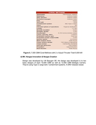 Figure 5. 7,500 CBM Coral Methane with 2 x Azipull Thruster Total 5,000 kW
d) MV. Norgas Innovation & Norgas Creation
Design was developed by I.M Skaugen SE; the design was developed in to two
basic designs of each 10,000 CBM as well as 12,000 CBM Multigas Carriers.
They’re using Type C cargo tank / containment systems. A DNV Classed vessel.
 