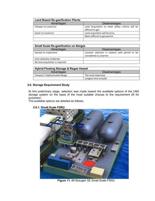 Land Based Re-gasification Plants
Advantages Disadvantages
Cheaper to construct Land Acquisition to meet safety criteria will be
difficult to get
Easier to construct Land acquisition will be pricy
More difficult to get permit
Small Scale Re-gasification on Barges
Advantages Disadvantages
Quicker to implement Location selection in relation with permit to be
considered as a barrier
Cost relatively moderate
No land acquisition is required
Hybrid Floating Storage & Regas Vessel
Advantages Disadvantages
Compact / Sophisticated design The most expensive
Longest time to build
2.6. Storage Requirement Study
At this preliminary stage, selection was made toward the available options of the LNG
storage system on the basis of the most suitable choices to the requirement (fit for
purposes)
The available options are detailed as follows;
2.6.1. Small Scale FSRU
Figure 11. IM Skaugen SE Small Scale FSRU
 