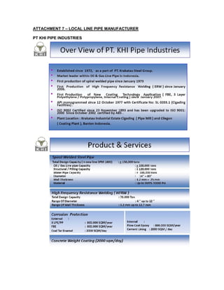 ATTACHMENT 7 – LOCAL LINE PIPE MANUFACTURER
PT KHI PIPE INDUSTRIES
 