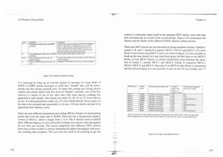 3G Wireless Demystified                                                                                                                                                                                                               Chapter 4




                                                                                                                          system to continually adjust itself to the optimum MCS choice, since that hap-
                                                                                                                          pens automatically as a result of the system design. Figure 4.25 summarizes the
                                                      Comments
                                                                                                                          choices and the details of the different EDGE channel coding formats.
       Class       Capability
       A           Simultaneous GSM voice with GPRS   Used in base systems supponing GSM with GPRS or
                   or EDGE.                           EDGE. Talk while you download an lntemet file!
                                                      Such a mobile station would typically use two (or
                                                                                                                          These nine MCS choices are also described as being members of three "families"
                                                      more) time slots on the same carrier frequency, one                 named A, B, and C. Family B comprises MCS-2, MCS-5 and MCS-7. If a radio
               I                                       I
                                                      for voice and the other(s) for packet & a
                                                                                             l.
       B       I Non-simultaneous GSM voice or GPRS ) Voice at some times, data at other times.                           block is transmitted using MCS-7 and is not acknowledged, it is also possible to
   I             or EDGE.
                                                      Voice at some times via IS-136. data at other times via
                                                                                                                          break up the data chunks in it and send them again, but this time as two MCS-5
       8136      Non-simultaneous IS-136 voice or
                                                                                                                          blocks, or four MCS-2 blocks. A similar relationship exists between the mem-
   I   C
                 EDGE Compact.                        EDGE Compact.
                 GPRS or EDGE data services only. No Example: Via a PCMCIA card in a ponablc computer.                    bers of family C, namely MCS-1 and MCS-4. Family A comprises MCS-3,
                                                                                                                          MCS-6, MCS-8, and MCS-9. Note that if an MCS-8 radio block is transmitted
                                                                                                                          and not acknowledged, it is also possible to pad out the 34 octet chunks into 37

                                     Figure 4.24. Mobile Telephone Classes.


it is necessary to chop up an end-user packet or message (or some kinds of
EDGE or GPRS system messages as well) into "chunks" that will fit conve-                                                     MCS Choice         Modu-         Net data bits per radio block     "Chunks"           Net data rate using one
niently into the various payload sizes. To make this cutting and slicing choice                                                                 lation                                          carried: nxL       lime slot, in kbiVs.
                                                                                                                                                                                                where L is
simpler, the system allows only five sizes of "chunks" (actually, one of the five
choices is a repeat of one of the other four with some dummy padding bits
appended in each chunk). The chunks are either 22, 28, 34, or 37 octets (bytes)
in size. It is also permitted to make up a 37-octet chunk directly from a piece of
the data to be encoded and transmitted, or to use a 34 byte chunk and pad it by
appending three dummy octets.

There are nine different modulation and coding (MCS) schemes for transmitting                                                Sote 1: One type of 37 octet chunk is made up of 34 data octets and 3 filler octets. In this case, the actual
packet data over the radio link in EDGE. Each one has a designation number,                                                  data throughput is lower than for m e 37 octet chunks. The lower bit rate is given in square brackcu [I.

written as MCS-n, where n ranges from 1 to 9. The 9 choices used in EDGE
allow different degrees of error protection (coding rate) and net data throughput
bit rate (bits per second). The system adaptively tries different MCS choices
from time to time s o that it is always obtaining the highest throughput with accu-
rate resulting data reception. The user does not need to do anything to get the                                 .-.   .
                                                                                                                                                             Figure 4.25. Radio Link Block Formats.
 