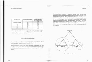 --.


3G Wireless Demystified                                                                                                                                                   Chapter 6




                                                                                                  The channelization codes have a hierarchical structure where low-level code
                                                                                                  spreading factors are subsets of higher-level codes. The higher-level codes relate
                                                                                                  to higher data-transfer rates. When a higher-level code is used, lower-level codes
                                                                                                  cannot be used. Figure 6.8 shows the channelization code process and the sam-
                                                                                                  ple code tree. This diagram shows the channel is first composed by the channel
                                                                     with 112 rate con            scrambling code and modified by the channelization code. Once a high-level
                                                                                                  code is used (small amount of spreading factor), lower-level codes that are denv-
                                                                                                  atives of that code cannot be used. Figure 6.8 shows that the code tree extends
                                                                                                  all the way down to the largest spreading factors, 512 for the downlink and 256
                                                                                                  for the uplink.



                                                                                                                                      Scramblina Code
  luote I : Up to 6 traffic channels can be combined with a spreading factor of 4. to provide a
                                . .          - -- - . .
                                                 <                            .
  rnaxlrnum gross data transm~ssionrate of 3760 Icbps and a net data transrnlsslon rate ot
  2880 kbps. Figure 6.x shows the uplink radio channel spreading.




                            Figure 6.7. Uplink Radio Channel Spreading.



be used on the same RF channel without interfering with each other. This is
called orthogonal variable spreading factor (OVSF).

The channelization codes do not change the amount of spreading. They only
modify the signal that has been spread to uniquely identify it among other chan-
nels that have different channelization codes that are operating on the same fre-
quency.



                                                                                                                              Figure 6.8. Channel Code Tree.
 
