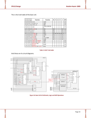 CPU12 Design Ibrahim Hazmi -2009
Page 24
This is the truth table of the basic cell.
S
3
S
2
S
1
S
0
Function Function H N Z V C 16/8
0 0 0 0 A+B ADD 1/0
0 0 0 1 A+B+C_in ADC 1/0
0 0 1 0 A-B-C_in SBC 1/0
0 0 1 1 A-B
SUB/COMPAR
E
1/0
0 1 0 0 A DIV B DIV NC NC 1/0
0 1 0 1 A+1 INC NC NC 1/0
0 1 1 0 A-1 DEC NC NC 1/0
0 1 1 1 A MUL B MUL NC NC NC NC B(7) 0
1 0 0 0 A AND B AND NC 1 1 0 NC 0
1 0 0 1 A OR B OR NC 1 1 0 NC 0
1 0 1 0 NOT(A) 1’S COMP NC 1 1 0 NC 0
1 0 1 1 A XOR B XOR NC 1 1 0 NC 0
1 1 0 0 SHIFT R1 RIGHT SHR 1/0
1 1 0 1 SHIFT R1 LEFT SHL 1/0
1 1 1 0
ROTATE R1
RIGHT
ROR 1/0
1 1 1 1 ROTATE R1 LEFT ROL 1/0
Table 2: ALSU Truth table
And these are its circuit diagrams:
Figure 16: Basic Cell of Arithmetic, Logic and Shift Operations
 
