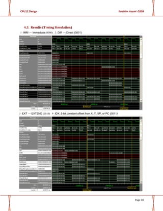 CPU12 Design Ibrahim Hazmi -2009
Page 30
4.3. Results (Timing Simulation)
1- IMM — Immediate (0000) 2- DIR — Direct (0001)
3- EXT — EXTEND (0010) 4- IDX: 5-bit constant offset from X, Y, SP, or PC (0011)
 