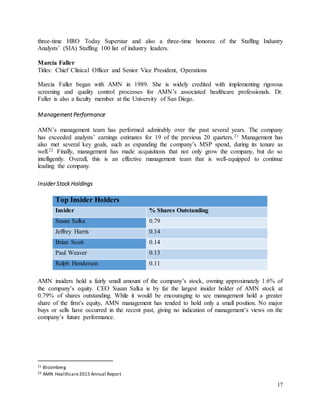 17
three-time HRO Today Superstar and also a three-time honoree of the Staffing Industry
Analysts’ (SIA) Staffing 100 list of industry leaders.
Marcia Faller
Titles: Chief Clinical Officer and Senior Vice President, Operations
Marcia Faller began with AMN in 1989. She is widely credited with implementing rigorous
screening and quality control processes for AMN’s associated healthcare professionals. Dr.
Faller is also a faculty member at the University of San Diego.
Management Performance
AMN’s management team has performed admirably over the past several years. The company
has exceeded analysts’ earnings estimates for 19 of the previous 20 quarters.21 Management has
also met several key goals, such as expanding the company’s MSP spend, during its tenure as
well.22 Finally, management has made acquisitions that not only grow the company, but do so
intelligently. Overall, this is an effective management team that is well-equipped to continue
leading the company.
Insider Stock Holdings
Top Insider Holders
Insider % Shares Outstanding
Susan Salka 0.79
Jeffrey Harris 0.14
Brian Scott 0.14
Paul Weaver 0.13
Ralph Henderson 0.11
AMN insiders hold a fairly small amount of the company’s stock, owning approximately 1.6% of
the company’s equity. CEO Susan Salka is by far the largest insider holder of AMN stock at
0.79% of shares outstanding. While it would be encouraging to see management hold a greater
share of the firm’s equity, AMN management has tended to hold only a small position. No major
buys or sells have occurred in the recent past, giving no indication of management’s views on the
company’s future performance.
21 Bloomberg
22 AMN Healthcare2015 Annual Report
 