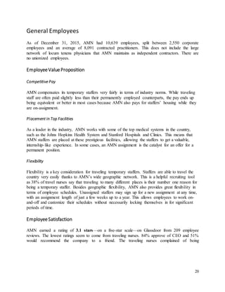 20
General Employees
As of December 31, 2015, AMN had 10,639 employees, split between 2,550 corporate
employees and an average of 8,091 contracted practitioners. This does not include the large
network of locum tenens physicians that AMN maintains as independent contractors. There are
no unionized employees.
EmployeeValueProposition
Competitive Pay
AMN compensates its temporary staffers very fairly in terms of industry norms. While traveling
staff are often paid slightly less than their permanently employed counterparts, the pay ends up
being equivalent or better in most cases because AMN also pays for staffers’ housing while they
are on-assignment.
Placement in Top Facilities
As a leader in the industry, AMN works with some of the top medical systems in the country,
such as the Johns Hopkins Health System and Stanford Hospitals and Clinics. This means that
AMN staffers are placed at these prestigious facilities, allowing the staffers to get a valuable,
internship-like experience. In some cases, an AMN assignment is the catalyst for an offer for a
permanent position.
Flexibility
Flexibility is a key consideration for traveling temporary staffers. Staffers are able to travel the
country very easily thanks to AMN’s wide geographic network. This is a helpful recruiting tool
as 38% of travel nurses say that traveling to many different places is their number one reason for
being a temporary staffer. Besides geographic flexibility, AMN also provides great flexibility in
terms of employee schedules. Unassigned staffers may sign up for a new assignment at any time,
with an assignment length of just a few weeks up to a year. This allows employees to work on-
and-off and customize their schedules without necessarily locking themselves in for significant
periods of time.
EmployeeSatisfaction
AMN earned a rating of 3.1 stars—on a five-star scale—on Glassdoor from 209 employee
reviews. The lowest ratings seem to come from traveling nurses. 84% approve of CEO and 51%
would recommend the company to a friend. The traveling nurses complained of being
 