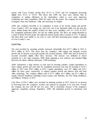 24
period, with Cross Country moving from 28.1% to 25.8% and On Assignment decreasing
slightly from 34.1% to 32.9%. This shows that AMN has been more effective than its
competitors at gaining efficiencies in the marketplace, which is even more impressive
considering how many acquisitions AMN has made over the period. The company has done well
to integrate these new businesses while also increasing its margins.
AMN also compares favorably to its competitors in terms of net income margin and growth.
Cross Country’s 2015 net margin was only 0.6% and it has fluctuated wildly over the past five
years, sinking deeply into negative territory for three years, including a low of -12.4% in 2013.
On Assignment performed better, but did not exhibit growth. The firm’s net margin fluctuated in
a band of about 90 basis points, but ended the period exactly where it started at 4.7%. It appears
that these firms were unable to cut costs to cope with their decreasing gross margins, especially
in Cross Country’s case.
Cash Flow
Net cash provided by operating activities increased substantially from $27.7 million in 2014 to
$56.3 million in 2015. This stems from the company’s solid organic and inorganic revenue
growth and an increase in accounts payable and accrued expenses. AMN notes that an increase in
accounts receivable slightly offset these increases. This increase was attributed to slower
payments by a few large customers, MSP clients adjusting to new software, and extended billing
processes for clients utilizing third-party VMS technology.
AMN experienced a large increase in cash used by investing activities. Capital expenditures to
foster organic growth and cash used for acquisitions increased cash used for investing to $116.1
million in 2015 from $28.2 million in 2014. Capital expenditures were $27 million and $19.1
million for those years, respectively, to support business growth and improve front and back
office technology. The company utilized cash of $77.5 million, $4.5 million, and $3.1 million to
acquire Onward Healthcare (including Locum Leaders and Medefis), the First String Healthcare,
and Millican Solutions in 2015.
Cash flows of $56.2 million were provided by financing activities in 2015, driven by an increase
in borrowing from the company’s revolver and reduced by payments to its term loan. Overall,
the company has lost cash the last two years. This is reasonable, because of the company’s
aggressive acquisition strategy. Regardless, AMN still maintained growth in operational cash
flow.
 