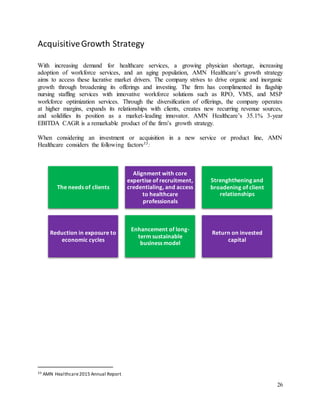 26
The needs of clients
Alignment with core
expertise of recruitment,
credentialing, and access
to healthcare
professionals
Strenghtheningand
broadening of client
relationships
Reduction in exposure to
economic cycles
Enhancement of long-
term sustainable
business model
Return on invested
capital
AcquisitiveGrowth Strategy
With increasing demand for healthcare services, a growing physician shortage, increasing
adoption of workforce services, and an aging population, AMN Healthcare’s growth strategy
aims to access these lucrative market drivers. The company strives to drive organic and inorganic
growth through broadening its offerings and investing. The firm has complimented its flagship
nursing staffing services with innovative workforce solutions such as RPO, VMS, and MSP
workforce optimization services. Through the diversification of offerings, the company operates
at higher margins, expands its relationships with clients, creates new recurring revenue sources,
and solidifies its position as a market-leading innovator. AMN Healthcare’s 35.1% 3-year
EBITDA CAGR is a remarkable product of the firm’s growth strategy.
When considering an investment or acquisition in a new service or product line, AMN
Healthcare considers the following factors33:
33 AMN Healthcare2015 Annual Report
 