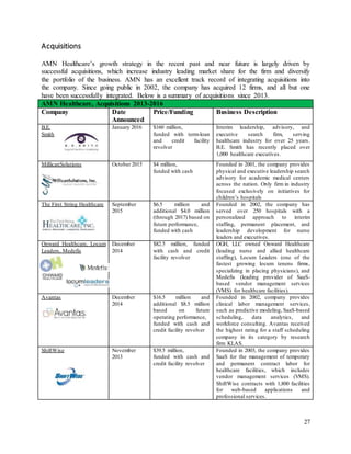 27
Acquisitions
AMN Healthcare’s growth strategy in the recent past and near future is largely driven by
successful acquisitions, which increase industry leading market share for the firm and diversify
the portfolio of the business. AMN has an excellent track record of integrating acquisitions into
the company. Since going public in 2002, the company has acquired 12 firms, and all but one
have been successfully integrated. Below is a summary of acquisitions since 2013.
AMN Healthcare, Acquisitions 2013-2016
Company Date
Announced
Price/Funding Business Description
B.E.
Smith
January 2016 $160 million,
funded with term-loan
and credit facility
revolver
Interim leadership, advisory, and
executive search firm, serving
healthcare industry for over 25 years.
B.E. Smith has recently placed over
1,000 healthcare executives.
MillicanSolutions October 2015 $4 million,
funded with cash
Founded in 2001, the company provides
physical and executive leadership search
advisory for academic medical centers
across the nation. Only firm in industry
focused exclusively on initiatives for
children’s hospitals
The First String Healthcare September
2015
$6.5 million and
additional $4.0 million
(through 2017) based on
future performance,
funded with cash
Founded in 2002, the company has
served over 250 hospitals with a
personalized approach to interim
staffing, permanent placement, and
leadership development for nurse
leaders and executives.
Onward Healthcare, Locum
Leaders, Medefis
December
2014
$82.5 million, funded
with cash and credit
facility revolver
OGH, LLC owned Onward Healthcare
(leading nurse and allied healthcare
staffing), Locum Leaders (one of the
fastest growing locum tenens firms,
specializing in placing physicians), and
Medefis (leading provider of SaaS-
based vendor management services
(VMS) for healthcare facilities).
Avantas December
2014
$16.5 million and
additional $8.5 million
based on future
operating performance,
funded with cash and
credit facility revolver
Founded in 2002, company provides
clinical labor management services,
such as predictive modeling, SaaS-based
scheduling, data analytics, and
workforce consulting. Avantas received
the highest rating for a staff scheduling
company in its category by research
firm KLAS.
ShiftWise November
2013
$39.5 million,
funded with cash and
credit facility revolver
Founded in 2003, the company provides
SaaS for the management of temporary
and permanent contract labor for
healthcare facilities, which includes
vendor management services (VMS).
ShiftWise contracts with 1,800 facilities
for web-based applications and
professional services.
 
