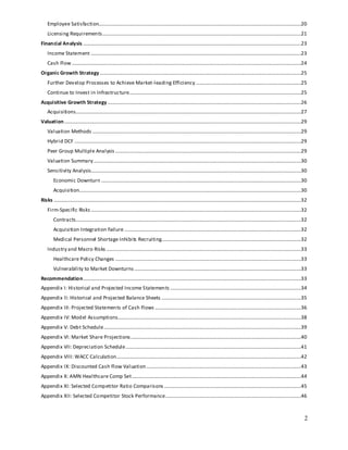 2
Employee Satisfaction..............................................................................................................................................................20
Licensing Requirements...........................................................................................................................................................21
Financial Analysis ..........................................................................................................................................................................23
Income Statement ....................................................................................................................................................................23
Cash Flow...................................................................................................................................................................................24
Organic Growth Strategy .............................................................................................................................................................25
Further Develop Processes to Achieve Market-leading Efficiency ..................................................................................25
Continue to Invest in Infrastructure......................................................................................................................................25
Acquisitive Growth Strategy .......................................................................................................................................................26
Acquisitions................................................................................................................................................................................27
Valuation.........................................................................................................................................................................................29
Valuation Methods ...................................................................................................................................................................29
Hybrid DCF .................................................................................................................................................................................29
Peer Group Multiple Analysis .................................................................................................................................................29
Valuation Summary..................................................................................................................................................................30
Sensitivity Analysis....................................................................................................................................................................30
Economic Downturn ............................................................................................................................................................30
Acquisition.............................................................................................................................................................................30
Risks .................................................................................................................................................................................................32
Firm-Specific Risks ....................................................................................................................................................................32
Contracts................................................................................................................................................................................32
Acquisition Integration Failure ..........................................................................................................................................32
Medical Personnel Shortage Inhibits Recruiting.............................................................................................................32
Industry and Macro Risks ........................................................................................................................................................33
Healthcare Policy Changes .................................................................................................................................................33
Vulnerability to Market Downturns ..................................................................................................................................33
Recommendation..........................................................................................................................................................................33
Appendix I: Historical and Projected Income Statements ......................................................................................................34
Appendix II: Historical and Projected Balance Sheets .............................................................................................................35
Appendix III: Projected Statements of Cash Flows ..................................................................................................................36
Appendix IV: Model Assumptions...............................................................................................................................................38
Appendix V: Debt Schedule..........................................................................................................................................................39
Appendix VI: Market Share Projections.....................................................................................................................................40
Appendix VII: Depreciation Schedule.........................................................................................................................................41
Appendix VIII: WACC Calculation................................................................................................................................................42
Appendix IX: Discounted Cash Flow Valuation.........................................................................................................................43
Appendix X: AMN Healthcare Comp Set....................................................................................................................................44
Appendix XI: Selected Competitor Ratio Comparisons...........................................................................................................45
Appendix XII: Selected Competitor Stock Performance..........................................................................................................46
 