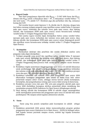 Kajian Efektifitas dan Implementasi Penggunaan Aplikasi Berbasis Open Source …. | 49


a. Regresi Ganda
        Dari hasil pengujiannya diperoleh nilai Fhitung = 21.842 lebih besar dari Ftabel,
dimana nilai Ftabel untuk n (banyaknya data) = 50 , k (banyaknya variabel bebas) = 4,
dan taraf nyata = 5% adalah 5,57. Demikian juga jika perhatikan nilai Sig, semuanya
kurang dari 0,05.
        Hal tersebut berarti untuk hipotesis 5, H0 ditolak dan H1 diterima, dengan kata
lain bahwa memang terdapat pengaruh yang signifikan semua vaiabel bebas X (persepsi
pada open source, kebutuhan dan tuntutan siswa pada open source, daya dukung
sekolah, dan kemampuan SDM pada open source) secara bersama-sama terhadap
variabel terikat Y (Tingkat Penggunaan Open Source).
        Dari analisa regresi tersebut dapat disimpulkan bahwa semua variabel bebas
(persepsi pada open source, kebutuhan dan tuntutan siswa pada open source, daya
dukung sekolah, dan kemampuan SDM pada open source) semua berpengaruh positif
dan signifikan secara bersama-sama terhadap variabel terikat Y (Tingkat Penggunaan
Open Source).

7.  Kesimpulan
       Berdasarkan deskripsi data penelitian dan setelah dilakukan analisis serta
pengujian maka dapat disimpulkan :
1) Terdapat pengaruh yang positif dan signifikan semua variabel bebas X (persepsi
   pada open source, kebutuhan dan tuntutan siswa pada open source, daya dukung
   sekolah, dan kemampuan SDM pada open source) terhadap variabel terikat Y
   (Tingkat Penggunaan Open Source) baik secara partial maupun secara bersama-
   sama.
2) Rendahnya tingkat penerimaan dan penggunaan open source di sekolah khususnya
   untuk pembelajaran TIK (58.07%) lebih disebabkan karena rendahnya kebutuhan
   dan tuntutan siswa pada penggunaan open source (41.70%) dan rendahnya persepsi
   siswa dan guru TIK di sekolah pada open source (47.68%).
3) Rendahnya kebutuhan dan tuntutan siswa pada penggunaan open source lebih
   dikarenakan kurangnya penggunaan open source di dunia kerja baik sektor
   pemerintah maupun sektor swasta, sehingga merasa kawatir jikalau kemampuan,
   ketrampilan, dan pengetahuannya tentang open source tidak terserap di dunia kerja.
4) Rendahnya persepsi siswa dan guru TIK serta para pengelola sekolah pada open
   source lebih disebabkan kurangnya aktifnya pemerintah dalam mendukung dan
   menjalankan program IGOS (Indonesia Go Open Source) dilingkungan sekolah.
5) Daya dukung sekolah dan kemampuan SDM di sekolah sangat memungkinkan
   untuk meningkatkan penerimaan dan penggunaan open souce di sekolah baik untuk
   pembelajaran TIK maupun untuk kegiatan administrasi sekolah.


8.   Saran
        Saran yang bisa penulis sampaikan pada kesempatan ini adalah                    sebagai
berikut :
1) Hendaknya pemerintah lebih gencar dalam mensosialisasikan program gerakan
    penggunaan open source (Indonesia Go to Open Source = IGOS) ke berbagai sektor,
    baik kepada instansi peerintah maupun swasta, terlebih lagi kepada komunitas
    pendidikan.



                                                         ISSN:2089-3582 | Vol 3, No.1, Th, 2012
 