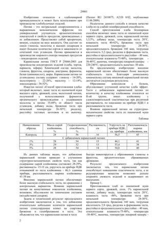 29801
2
Изобретение относится к хлебопекарной
промышленности и может быть использовано при
производстве хлебобулочных изделий.
Патока - это натуральный сахарозаменитель с
выраженным экономическим эффектом: это
универсальный улучшитель органолептических
показателей и свойств продуктов, произведенных с
ее добавлением. Представляет собой прозрачную,
вязкую, сладкую на вкус жидкость. Она состоит из
смеси глюкозы, мальтозы и высших сахаридов и
имеет большое количество сортов в зависимости от
сочетаний этих углеводов. Патока применяется в
производстве широкого спектра пищевых продуктов
- кондитерских изделий.
Карамельная патока ГОСТ Р 25060-2003 для
производства кондитерских изделий (хлеба, тортов,
карамели, зефира). Химический состав: мальтоза,
глюкоза, фруктоза, сахароза, декстрины, ферменты,
белки (аминокислот), жиры. Карамельная патока по
углеводному составу содержит: глюкозу - 14-20%,
мальтотриозу - 22-26%, мальтозу - 12-18%,
поилсахариды - 36-52%.
Известен патент «Способ приготовления хлеба»
который включает, замес теста из пшеничной муки
высшего сорта, дрожжей, соли, мальтозной патоки,
полученной с использованием ферментов
органического происхождения с содержанием
мальтозы в патоке 35-68% от общего числа
углеводов, добавку воды, брожение теста при
начальной температуре 26-30°С, разделку,
расстойку тестовых заготовок и их выпечку.
(Патент RU 2410875, A21D 8/02, опубликован
11.06.2009).
Недостаток данного способа в низком качестве
хлеба из-за слабой газообразующей способности.
Способ приготовления хлеба безопарным
способом включает замес теста из пшеничной муки
первого сорта, дрожжей, соли, карамельной патоки
1,3,5%, добавку воды, температура теста 28°С,
влажность теста 40-42%, брожение теста при
начальной температуре 28-30°С,
продолжительность брожения 160 мин, титруемая
кислотность 3,2 град, разделка и формования теста,
расстойка и продолжительность расстойки – 40 мин,
относительная влажность-75-80%, температура -
38-40°С, выпечка, температура пекарной камеры -
220-240°С, продолжительность выпечки -30 мин.
По предлагаемому изобретению внесение
карамельной патоки обеспечивает более высокую
стабильность теста. Благодаря уникальному
химическому составу вносимой карамельной патоки
достигается следующие результаты.
Образование комплексов с белком,
обусловливает улучшений качество хлеба эффект.
Тесто с добавлением карамельной патоки по
количеству и качеству клейковины относится ко
II-ой группе, имеет клейковину с
удовлетворительной эластичностью при различной
растяжимости, по показанию на приборе ИДК-1 и
расплываемости теста.
Влияние карамельной патоки на структурно-
механические свойства теста из пшеничной муки
первого сорта
Таблица
Наименование
образца
Масса сырой
клейковины,
%
Гидратационная
способность,
%
Растяжимость,
см
Упругость на
приборе ИДК,
ед. прибора
Расплываемость
шарика
клейковины, мм
Контроль 28 56 16 56,5 45
С добавлением карамельной патоки:
1% 28 54 15 46,1 41
3% 29 52 13 53,4 38
5% 28 54 14 54,0 40
Из данных таблицы видно, что добавление
карамельной патоки приводит к улучшению
структурно-механических свойств теста, так как
содержание сырой клейковины составляет 28-29%,
растяжимость- 15-13 см, упругость на приборе ИДК
отмываемой из теста клейковины - 46,1- единица
прибора, расплываемость шарика клейковины-
41-38 мм.
Внесение карамельной патоки обеспечивает
более высокую стабильность теста, по сравнению с
контрольным вариантом. Влияние карамельной
патоки на качественные показатели клейковины,
возможно, обусловлено их химическим составом
(воздействием сахаров).
Задача и технический результат предлагаемого
изобретения заключаются в том, что добавление
относительно небольших количеств карамельной
патоки стимулирующее влияет на спиртовое
брожение и газообразование в тесте. Это
объясняется тем, что карамельная патока в тесте
быстро инвентируется с образованием глюкозы и
фруктозы, предпочтительно сбраживаемых
дрожжами.
Результат предлагаемого изобретения
заключается тем, что карамельная патока
способствует повышению пластичности теста, а ее
редуцирующие вещества позволяют дольше
сохранять свежесть изделий и задерживают их
высыхание.
Пример 1.
Приготавливали хлеб из пшеничной муки
первого сорта, дрожжей, соли, 1% карамельной
патоки, добавку воды, температура теста 28°С,
влажность теста -44%, брожение теста при
начальной температуре 28-30°С,
продолжительность брожения 160 мин, титруемая
кислотность 2,8 град, разделка и формования теста,
расстойка и продолжительность расстойки – 40 мин,
относительная влажность-75-80%, температура
-38-40°С, выпечка, температура пекарной камеры -
 