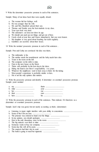 9 Write the determiner possessive pronoun in each of the sentences.
Sample: Many of our ideas back then were equally absur...