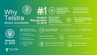 Telstra Connectivity Page 11
Analyst
Recognition
in 2015
Gartner Critical
Capabilities for
Network Services,
Asia Pacific
Gartner Magic
Quadrant for
Global Network
Service Providers
Positioned in the Visionaries Quadrant
IDC – Marketscape for
Next Generation Telcos,
Asia Pacific
Positioned as a Major Player
Awards
in 2015
Frost & Sullivan Asia
Pacific ICT Awards
Global Carrier Awards
Best Asian Wholesale Carrier
Leading Lights Awards
Most Innovative Ethernet/Optical Service
Asia Communications Awards
Wholesale Operator of the Year
Telecom Asia Awards
Asia Carrier of the Year
• Achieved highest score for
Low Latency Networks
• Achieved highest score for
High Capacity Networks
Metro Ethernet Forum
(MEF) Excellence Awards
Best Service
Innovation (Global)
Best Service
Innovation (APAC)
Best Wholesale
Service Provider
(APAC)
Managed Service
Provider of the Year
Telco Cloud Service
Provider of the Year
Why
Telstra
recent accolades
 
