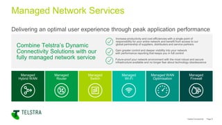 Combine Telstra’s Dynamic
Connectivity Solutions with our
fully managed network service
Delivering an optimal user experience through peak application performance
Telstra Connectivity Page 9
Managed Network Services
Increase productivity and cost efficiencies with a single point of
responsibility for your entire network and benefit from access to our
global partnership of suppliers, distributers and service partners
Gain greater control and deeper visibility into your network
with performance reporting that keeps you in full control
Future-proof your network environment with the most robust and secure
infrastructure available and no longer fear about technology obsolescence
Managed
Wi-Fi
Managed WAN
Optimisation
Managed
Firewall
Managed
Switch
Managed
Router
Managed
Hybrid WAN
 