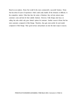 PRINCIPLE OF ECONOMICS [ECN30205] | FNBE March 2015 | Semester 2 | PAGE 11
Based on our analysis, Home Star would be the more commercially successful business. Home
Star has about 26 years of experiences which could easily handle all the obstacles or difficulty in
the competitive market. Other than that, the variety of furniture they sell also attracts many
customers come and look for their suitable furniture. However, Fella Design only focus on
selling the sofas which only gives limited options for customer. Another reason is Home Star has
more customers compared to Fella Design. Therefore, they gain more profits for each month
compared to Fella Design. Their good services and products are also the main recipe to success.
 