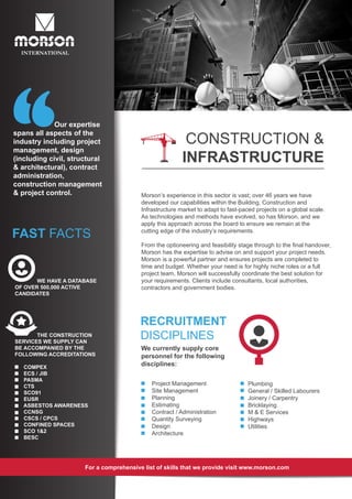 CONSTRUCTION &
INFRASTRUCTURE
RECRUITMENT
DISCIPLINES
For a comprehensive list of skills that we provide visit www.morson.com
We currently supply core
personnel for the following
disciplines:
FAST FACTS
Morson’s experience in this sector is vast; over 46 years we have
developed our capabilities within the Building, Construction and
Infrastructure market to adapt to fast-paced projects on a global scale.
As technologies and methods have evolved, so has Morson, and we
apply this approach across the board to ensure we remain at the
cutting edge of the industry’s requirements.
From the optioneering and feasibility stage through to the final handover,
Morson has the expertise to advise on and support your project needs.
Morson is a powerful partner and ensures projects are completed to
time and budget. Whether your need is for highly niche roles or a full
project team, Morson will successfully coordinate the best solution for
your requirements. Clients include consultants, local authorities,
contractors and government bodies.
Project Management
Site Management
Planning
Estimating
Contract / Administration
Quantity Surveying
Design
Architecture
Plumbing
General / Skilled Labourers
Joinery / Carpentry
Bricklaying
M & E Services
Highways
Utilities
Our expertise
spans all aspects of the
industry including project
management, design
(including civil, structural
& architectural), contract
administration,
construction management
& project control.
WE HAVE A DATABASE
OF OVER 500,000 ACTIVE
CANDIDATES
THE CONSTRUCTION
SERVICES WE SUPPLY CAN
BE ACCOMPANIED BY THE
FOLLOWING ACCREDITATIONS
COMPEX
ECS / JIB
PASMA
CTS
SCO91
EUSR
ASBESTOS AWARENESS
CCNSG
CSCS / CPCS
CONFINED SPACES
SCO 1&2
BESC
 